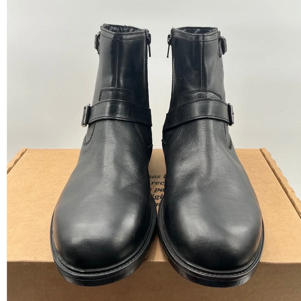 Steve Madden Mens Black Leather Harness Ankle Boots Buckle Zip Biker Style